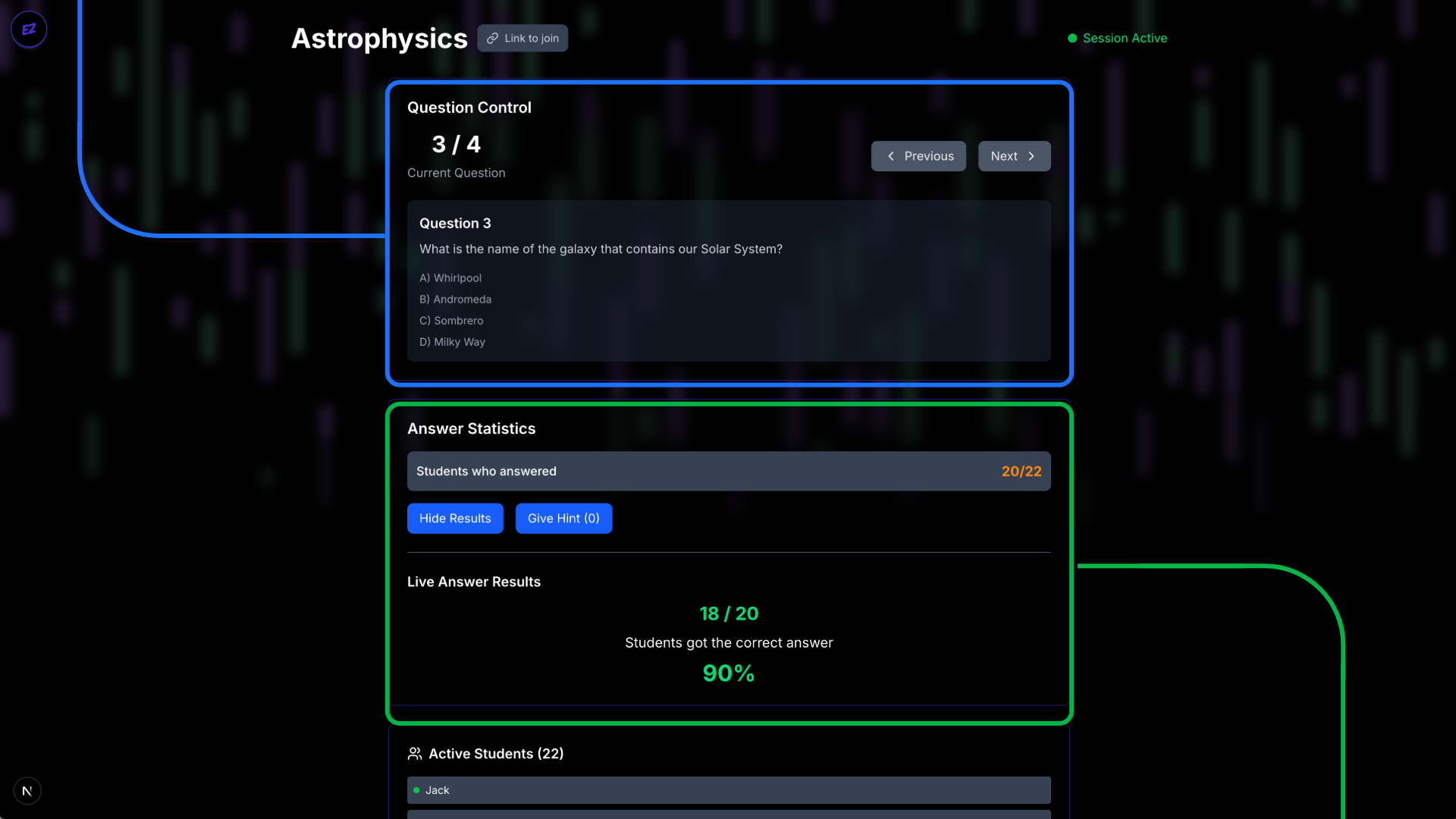 Teacher control interface showing question navigation, live student participation, and answer analytics